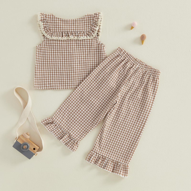 Thorn Tree Girls Summer Outfits Ruffle Sleeve Button Up Dress Tops Plaid Linen Pants Spring Toddler Girl Clothes (Khaki A, 4-5Y) - Image 4