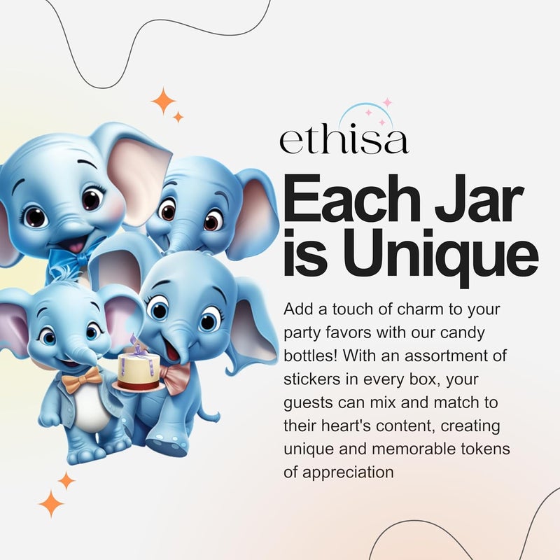 Ethisa Small 12 Pack Blue Elephant Party Favors - Candy Jars with Ribbons and Stickers - DIY Party Decoration Bottles for Baby Shower, Birthday, Gender Reveal, and Classroom - Boy Table Centerpiece - Image 3
