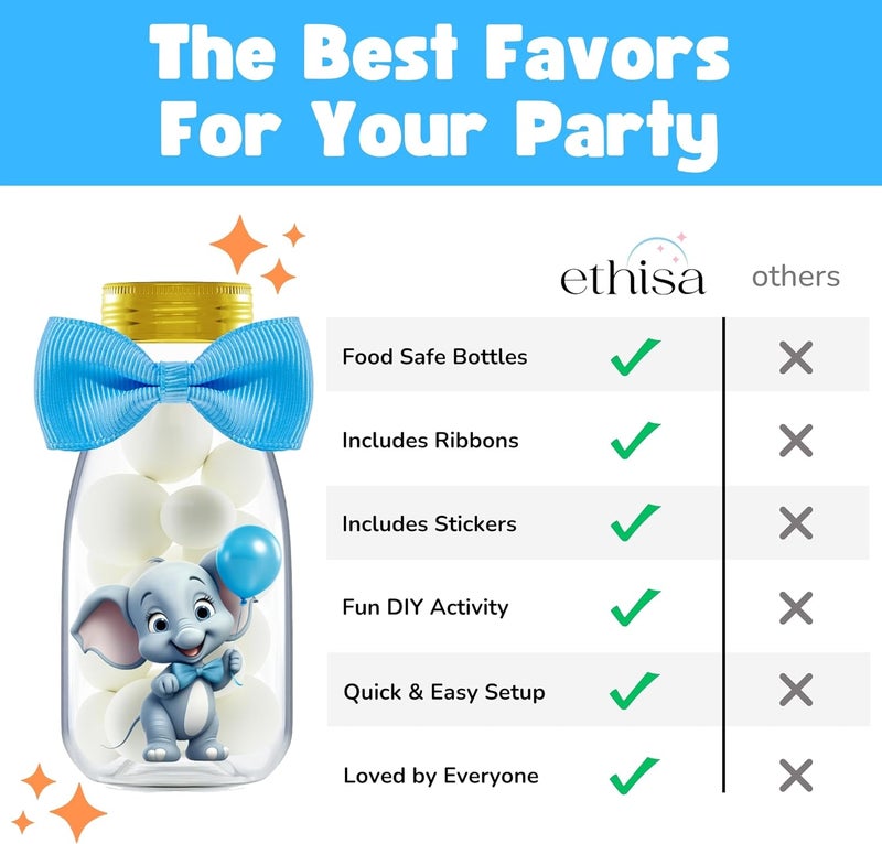 Ethisa Small 12 Pack Blue Elephant Party Favors - Candy Jars with Ribbons and Stickers - DIY Party Decoration Bottles for Baby Shower, Birthday, Gender Reveal, and Classroom - Boy Table Centerpiece - Image 5