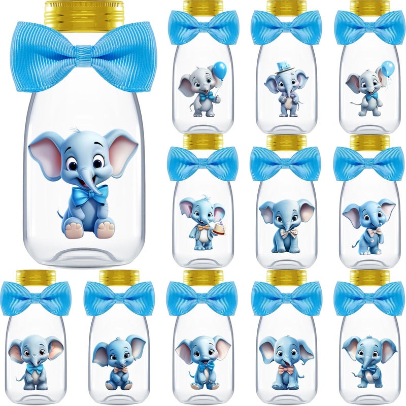 Ethisa Small 12 Pack Blue Elephant Party Favors - Candy Jars with Ribbons and Stickers - DIY Party Decoration Bottles for Baby Shower, Birthday, Gender Reveal, and Classroom - Boy Table Centerpiece - Image 1