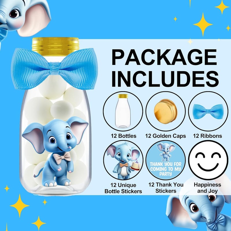 Ethisa Small 12 Pack Blue Elephant Party Favors - Candy Jars with Ribbons and Stickers - DIY Party Decoration Bottles for Baby Shower, Birthday, Gender Reveal, and Classroom - Boy Table Centerpiece - Image 2