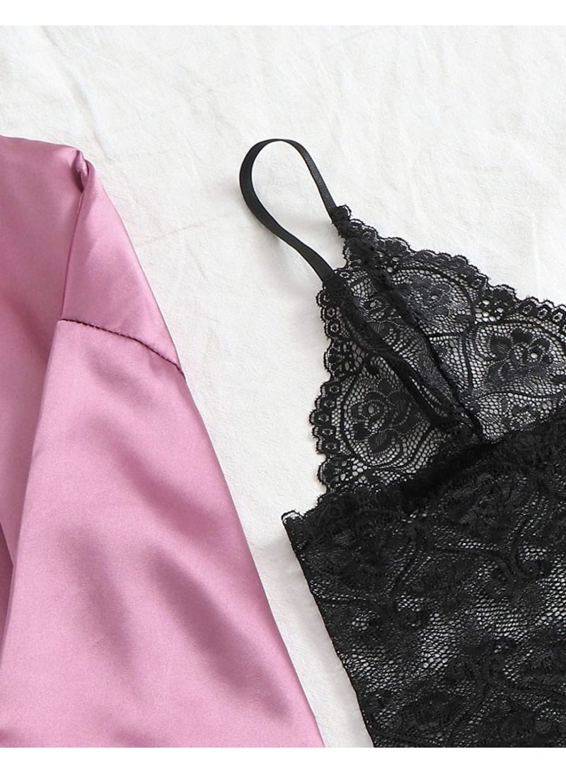 4 Pack Women's Nightwear Set Silk Satin Sleepwear Pajama Summer Home Wearing Clothes Suits Embroidered Breathable Ladies Lingerie Robe Nightdress Underwear Panties - Image 3