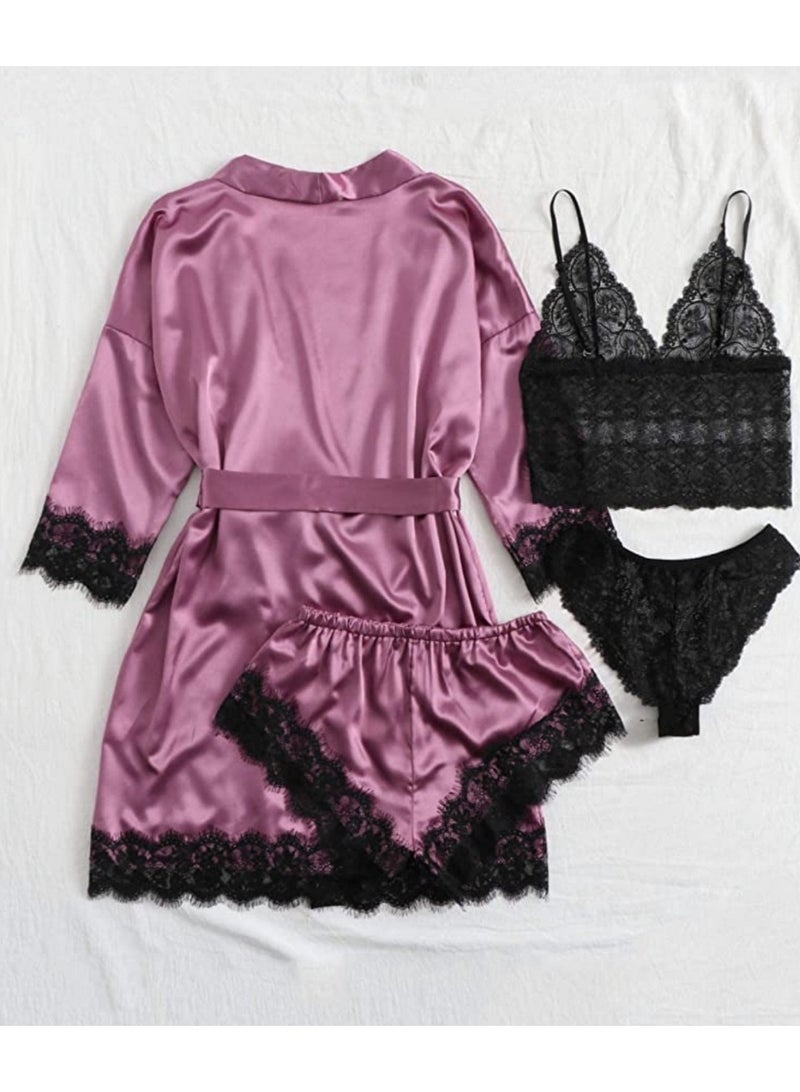 4 Pack Women's Nightwear Set Silk Satin Sleepwear Pajama Summer Home Wearing Clothes Suits Embroidered Breathable Ladies Lingerie Robe Nightdress Underwear Panties - Image 2