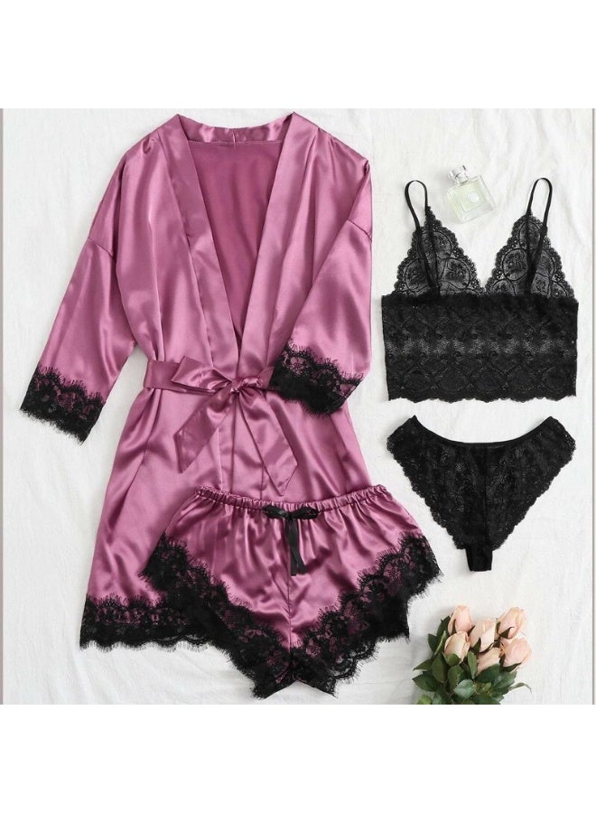4 Pack Women's Nightwear Set Silk Satin Sleepwear Pajama Summer Home Wearing Clothes Suits Embroidered Breathable Ladies Lingerie Robe Nightdress Underwear Panties - Image 4