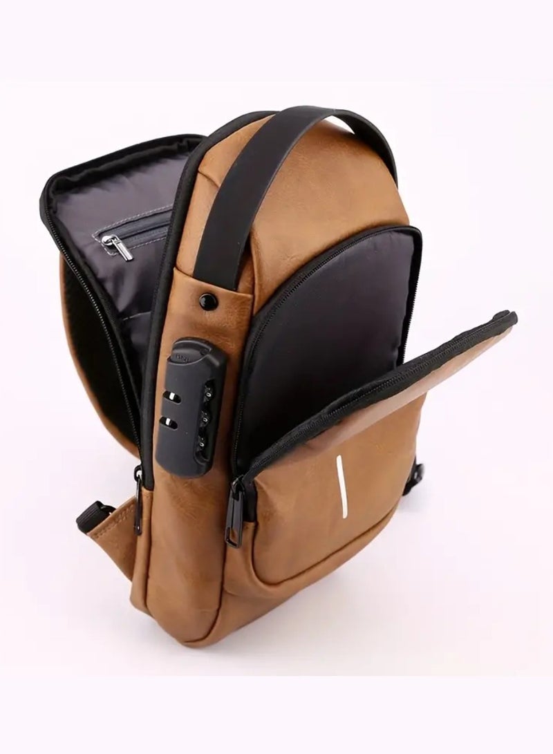 Yuwell Multifunctional Anti-Theft Travel Bag Crossbody Sling Bag With USB Charging Port Waterproof Backpack Shoulder Bag For Unisex Travel, Work, School, Business, And Cycling Brown  - Image 3