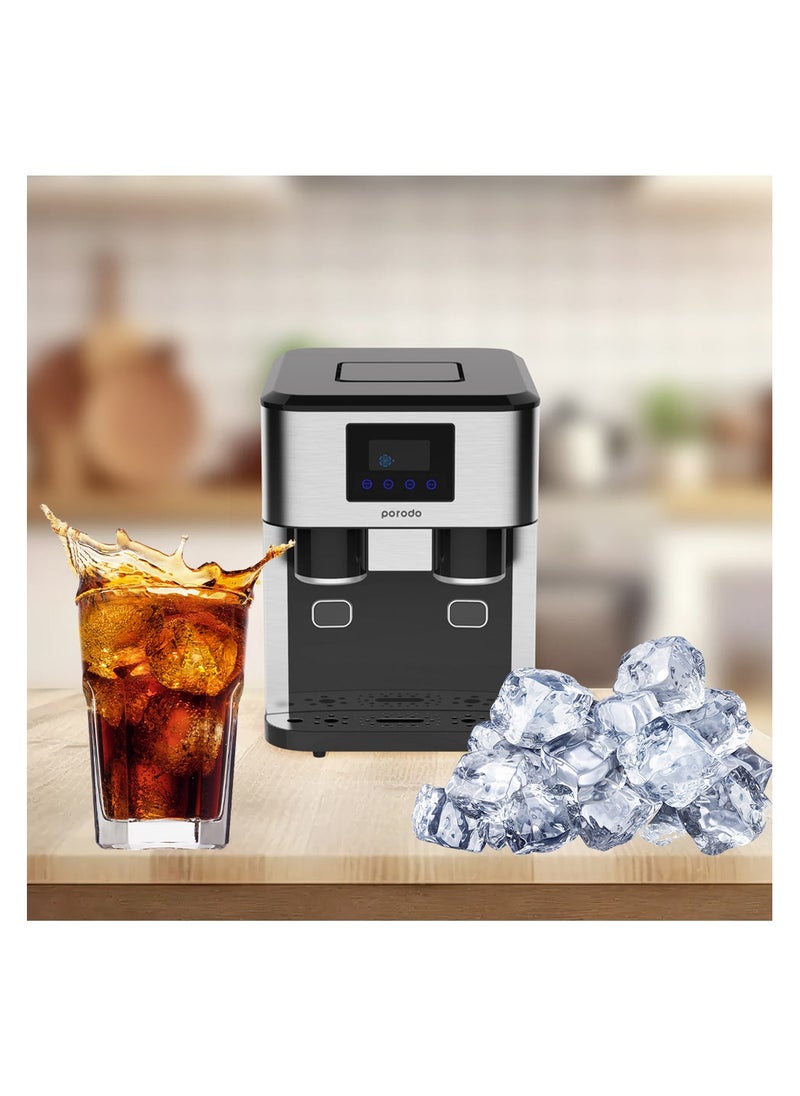 porodo - 3 in1 Ice Maker with Crusher and Cold Water Dispenser, Ice cube modes(Bullet & Crushed) , 2L Water Tank, 15-18kg Daily Ice Capacity, Touch Button LCD Display, 18KG 145W - Black - Image 1