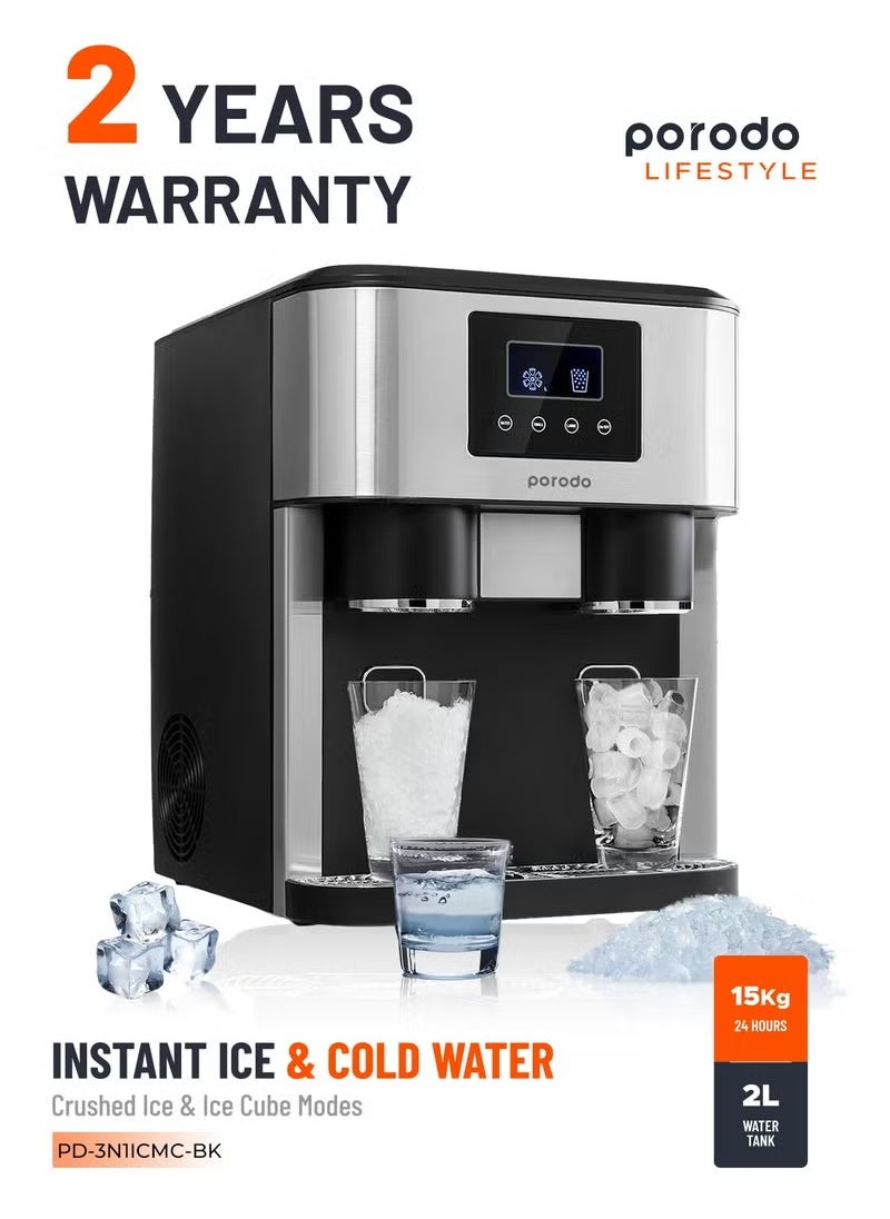 porodo - 3 in1 Ice Maker with Crusher and Cold Water Dispenser, Ice cube modes(Bullet & Crushed) , 2L Water Tank, 15-18kg Daily Ice Capacity, Touch Button LCD Display, 18KG 145W - Black - Image 1