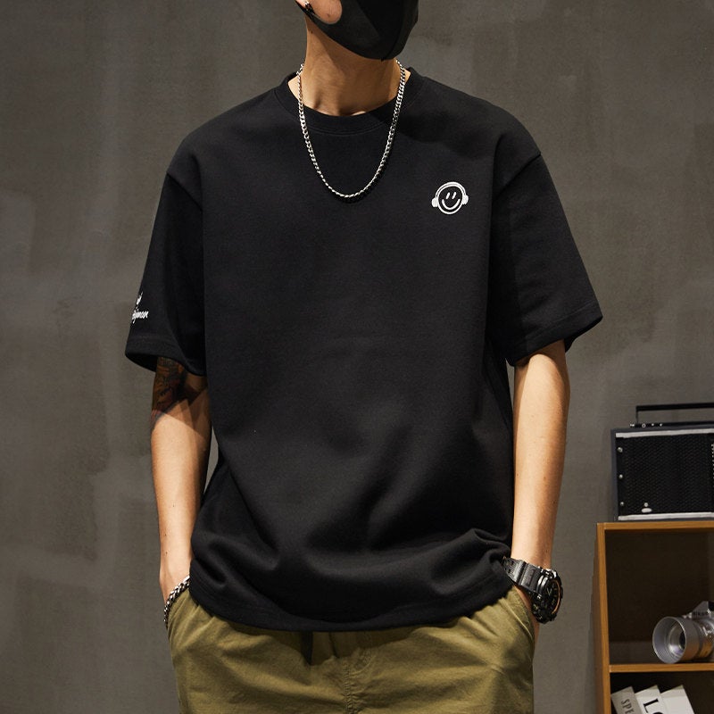 Internet celebrity smiling face heavyweight short-sleeved t-shirt men 2025 new loose fattening plus size casual fat half-sleeved top - Image 3