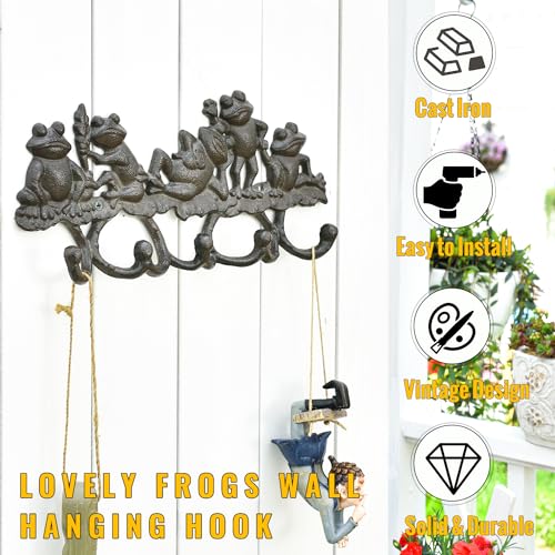 Sungmor Cast Iron Animal Wall Hook Rack - Rustic Decorative Key Holder with 5 Hooks, Lovely Frog Coat Hanger - Vintage Metal Organizer for Entryway, Garden, Mudroom, or Kitchen - Image 5
