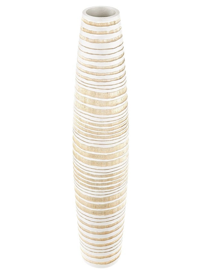 AeraVida 14-Inch Modern Stripes White & Brown Mango Wood Vase | Tall White Vase for Home Decor | Handmade Decorative for Living Room or Entryway - Image 1