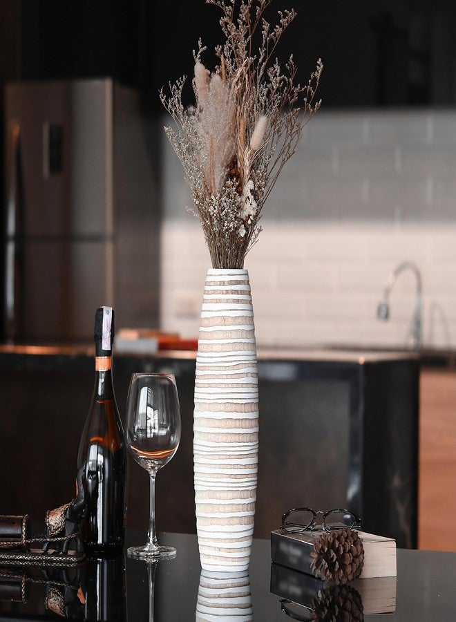 AeraVida 14-Inch Modern Stripes White & Brown Mango Wood Vase | Tall White Vase for Home Decor | Handmade Decorative for Living Room or Entryway - Image 3