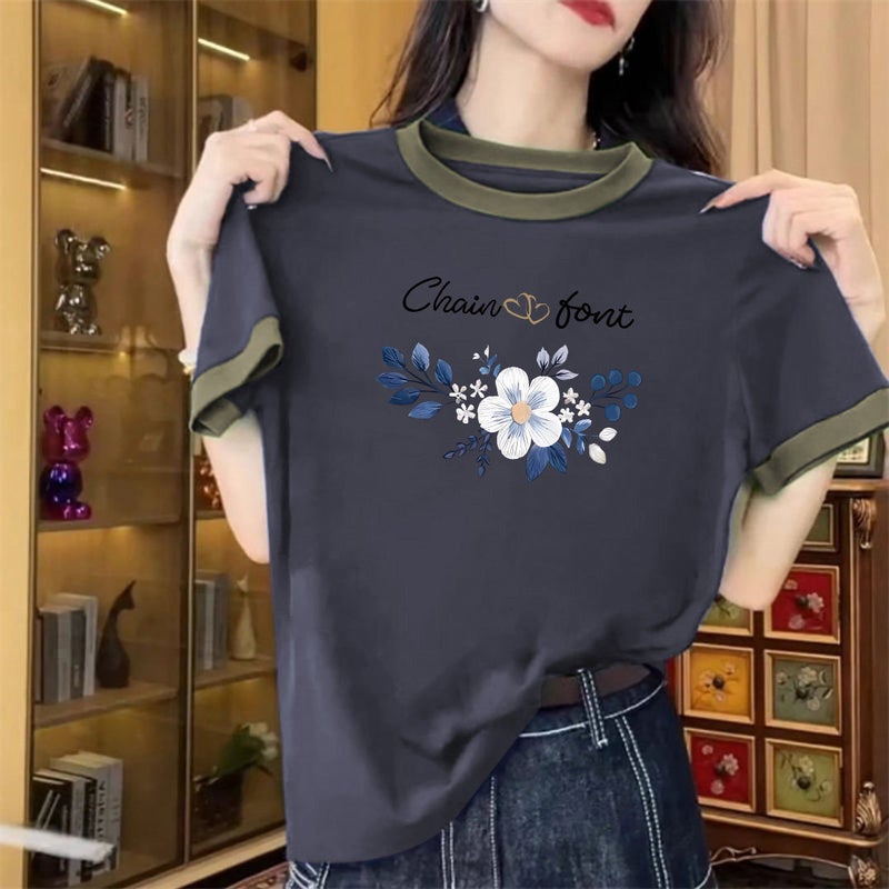Foreign trade bargain splicing color pure cotton short-sleeved T-shirt women's summer versatile literary plus-size round-neck base shirt - Image 1