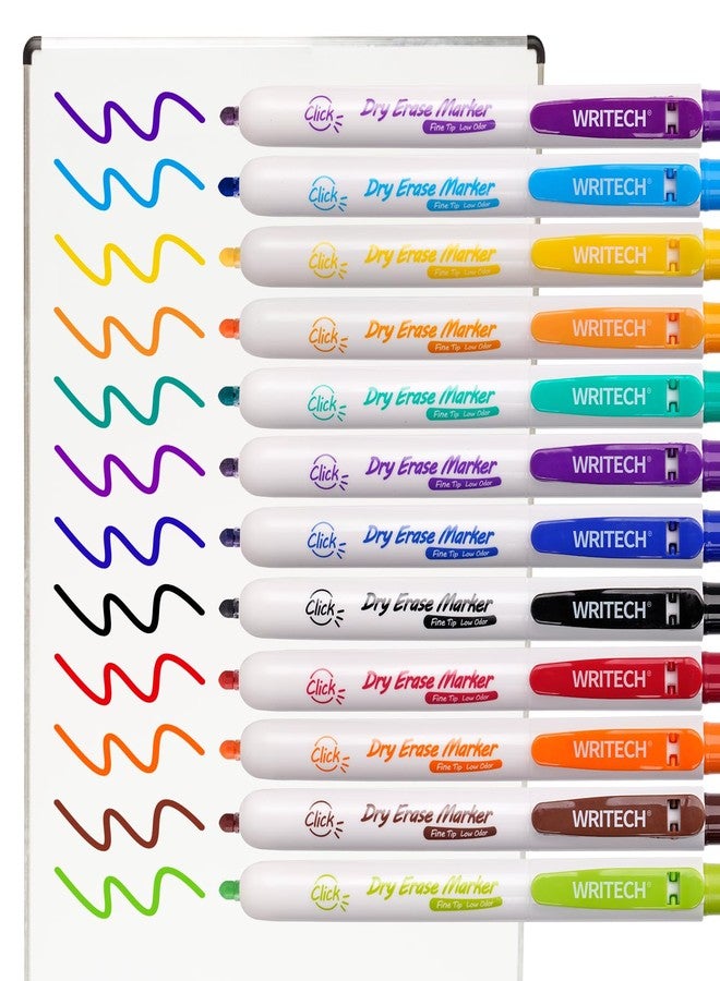WRITECH Retractable Dry Erase Markers: Clickable Pack of 24 with Fine Tip 12 Assorted Colors Low Odor Ink Whiteboard Marker Multi Colored Refillable Thin Point Pen Bulk No Bleed Smear - Image 3