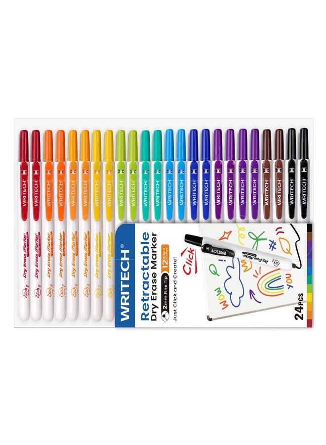 WRITECH Retractable Dry Erase Markers: Clickable Pack of 24 with Fine Tip 12 Assorted Colors Low Odor Ink Whiteboard Marker Multi Colored Refillable Thin Point Pen Bulk No Bleed Smear - Image 1