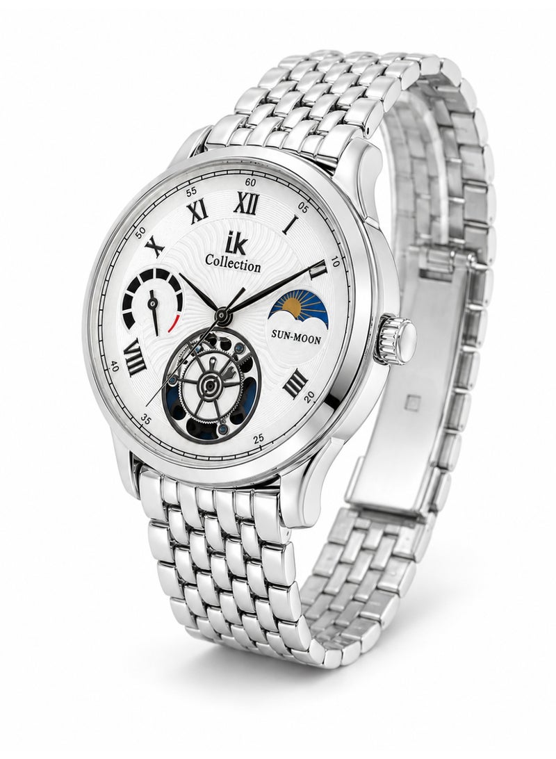 IK Collection Men’s Silver Watch with Sun-Moon Indicator and Open-Heart Design - Image 4