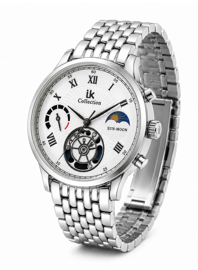 IK Collection Men’s Silver Watch with Sun-Moon Indicator and Open-Heart Design - Image 1