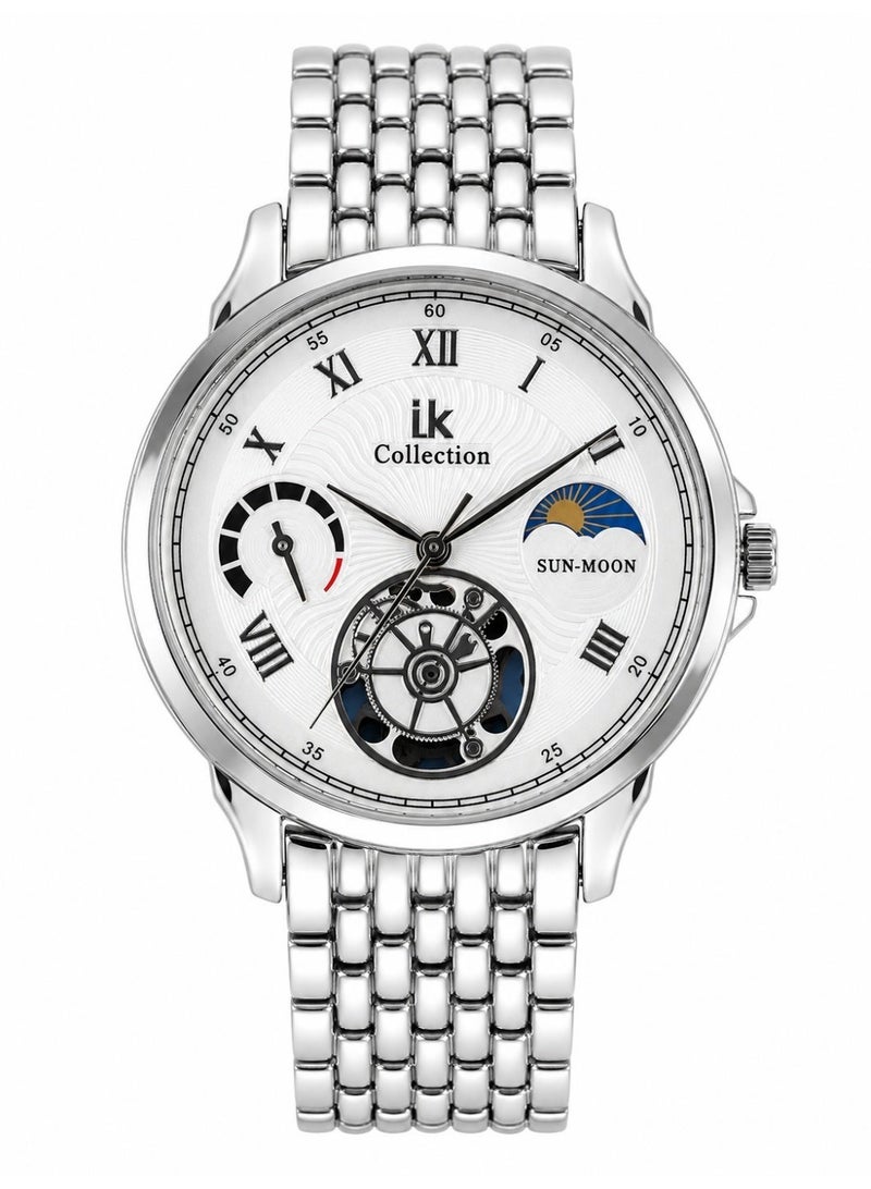IK Collection Men’s Silver Watch with Sun-Moon Indicator and Open-Heart Design - Image 3
