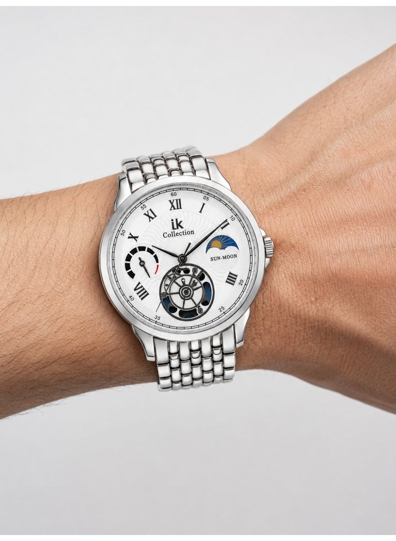 IK Collection Men’s Silver Watch with Sun-Moon Indicator and Open-Heart Design - Image 5