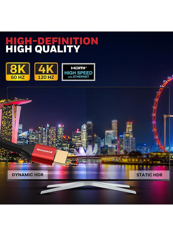 Honeywell Renewed - HDMI Cable 2.1 with Ethernet - 8K@60Hz, 4K@120Hz, Ultra High Speed, 1 Meter Red/Black - Image 5