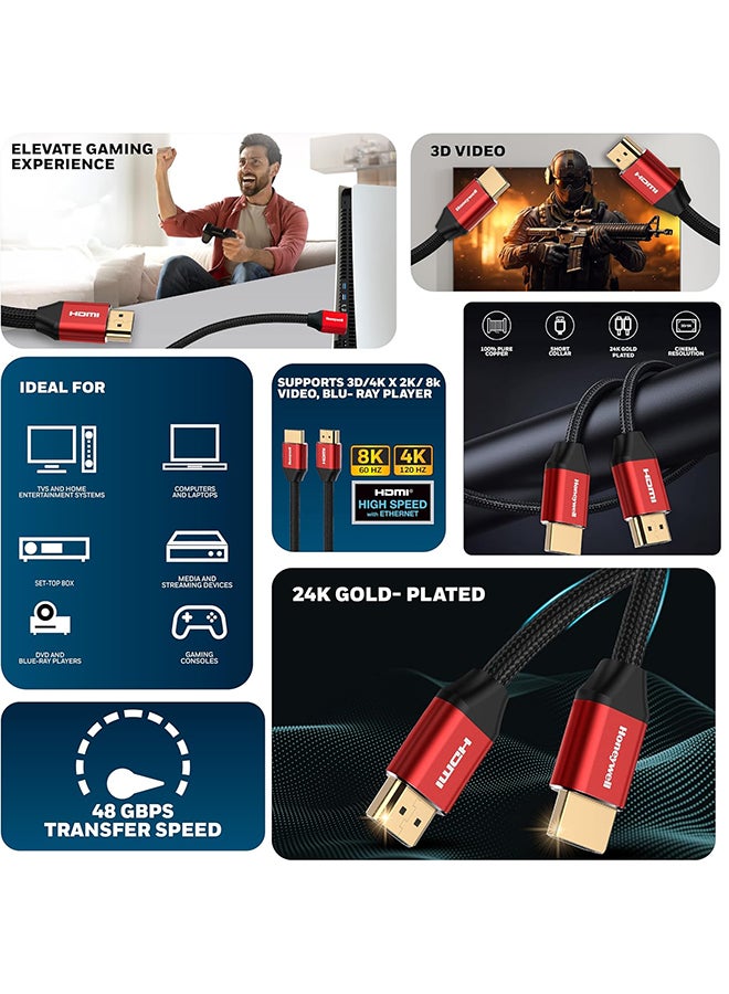 Honeywell Renewed - HDMI Cable 2.1 with Ethernet - 8K@60Hz, 4K@120Hz, Ultra High Speed, 1 Meter Red/Black - Image 3