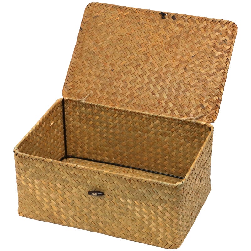 ORDELITE Wicker Storage Basket with Lid, Natural Seagrass Woven Shelf Basket for Storage, Rectangular Decorative Storage Bins Boxes Home Organizer Decor (Natural, Medium) - Image 1