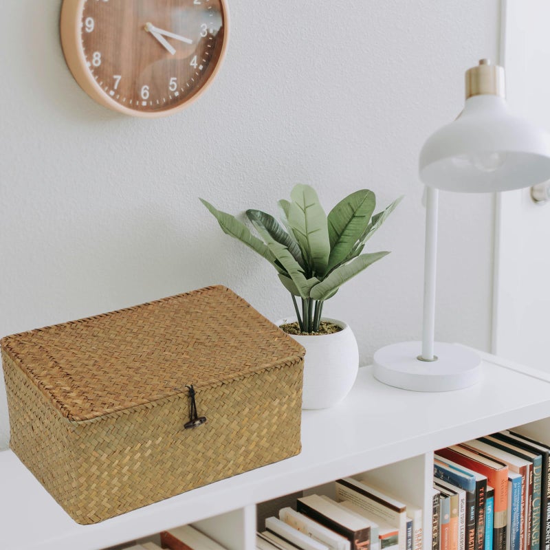 ORDELITE Wicker Storage Basket with Lid, Natural Seagrass Woven Shelf Basket for Storage, Rectangular Decorative Storage Bins Boxes Home Organizer Decor (Natural, Medium) - Image 3