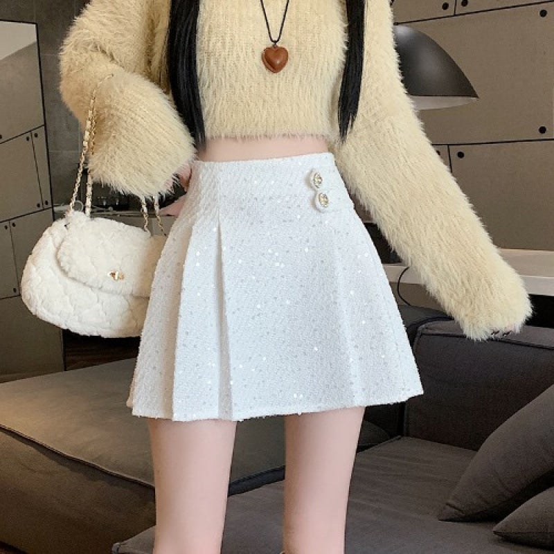 Autumn and Winter New High Waist Skirt Pleated Skirt All-match Black Small A- line Skirt Slim Skirt Womens Skirt White Belt Safety Pants