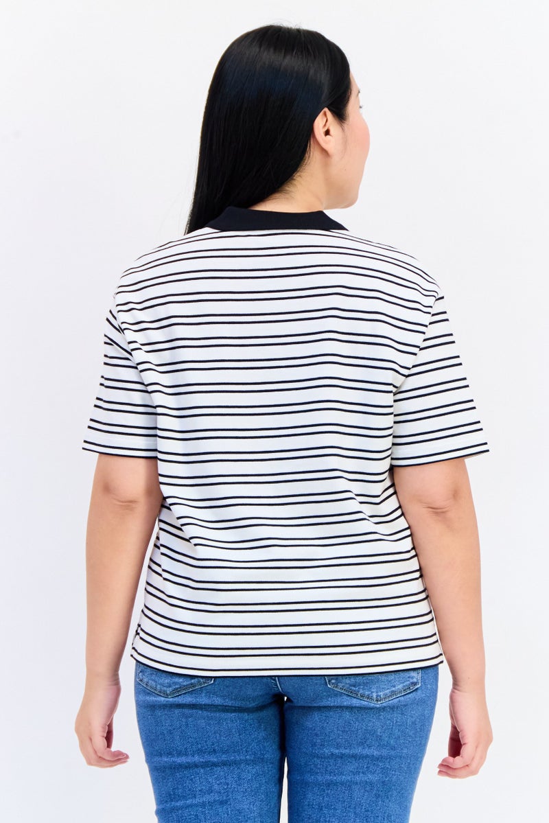 GIORDANO Women Spread Collar Short Sleeves Stripe Print Polo Shirt, Multicolor  - Image 3