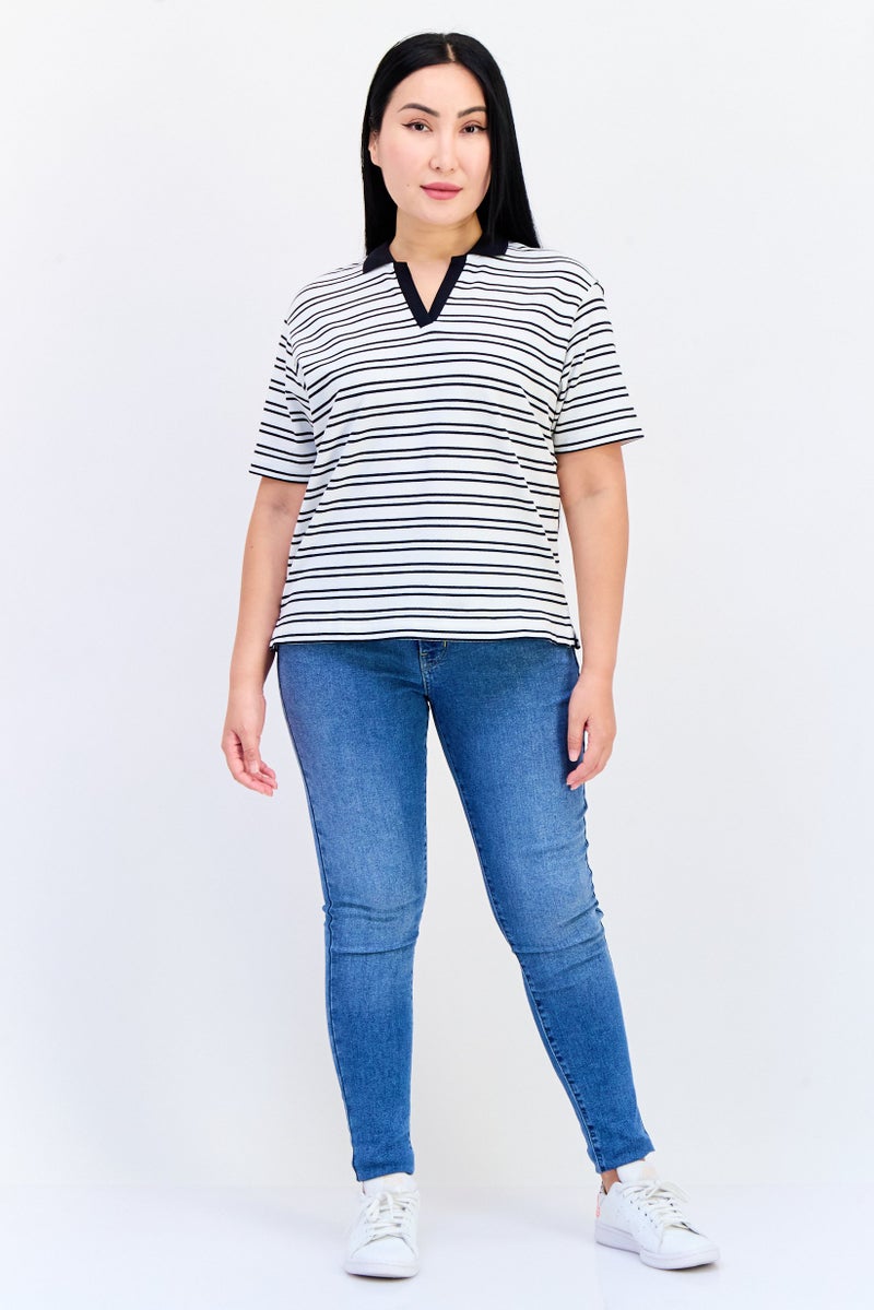 GIORDANO Women Spread Collar Short Sleeves Stripe Print Polo Shirt, Multicolor  - Image 4