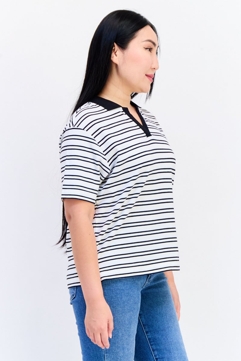 GIORDANO Women Spread Collar Short Sleeves Stripe Print Polo Shirt, Multicolor  - Image 2