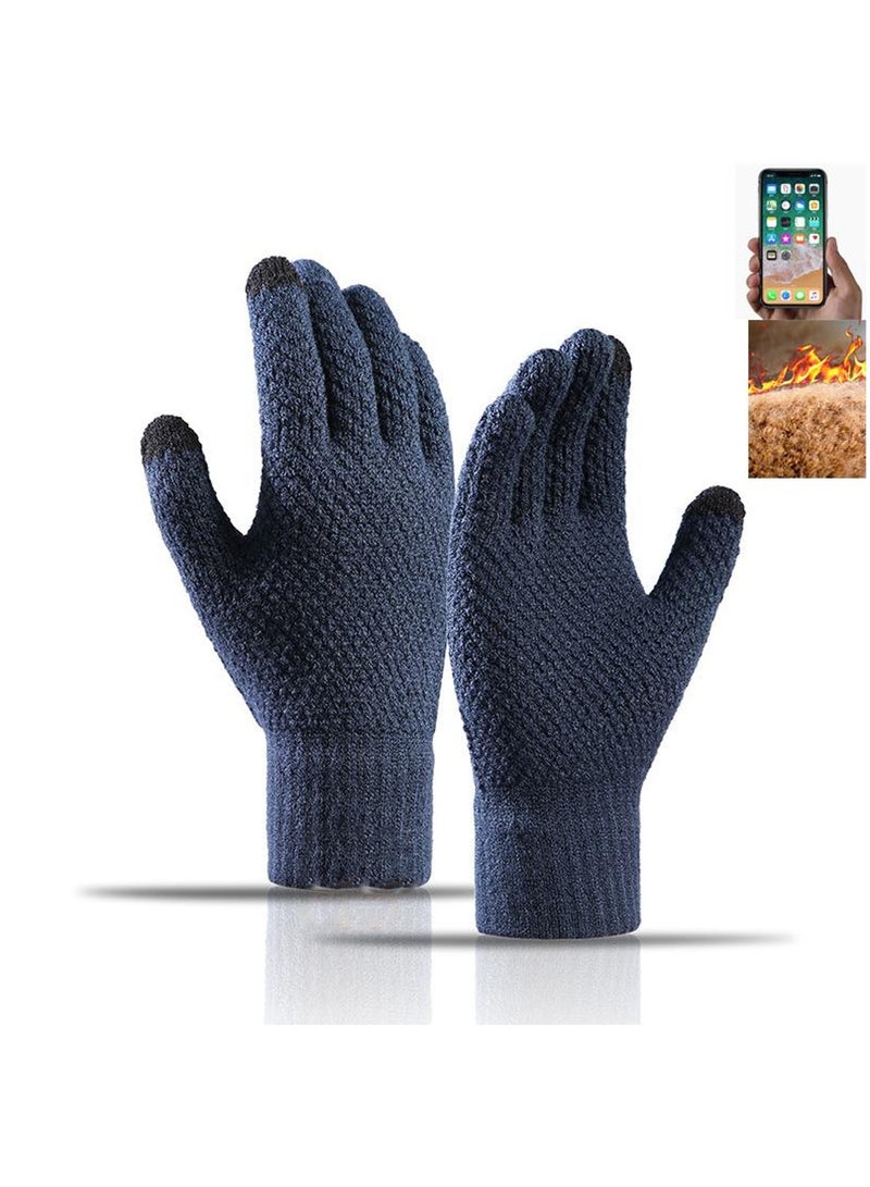 Generic 1Pair Of Winter Touch Screen Blue Gloves Men's Non-Slip Warm Gloves Knitted Gloves Granular Thickened Elastic Windproof Cuffs Warm Fleece Lining Suitable For Driving Running Sports Typing