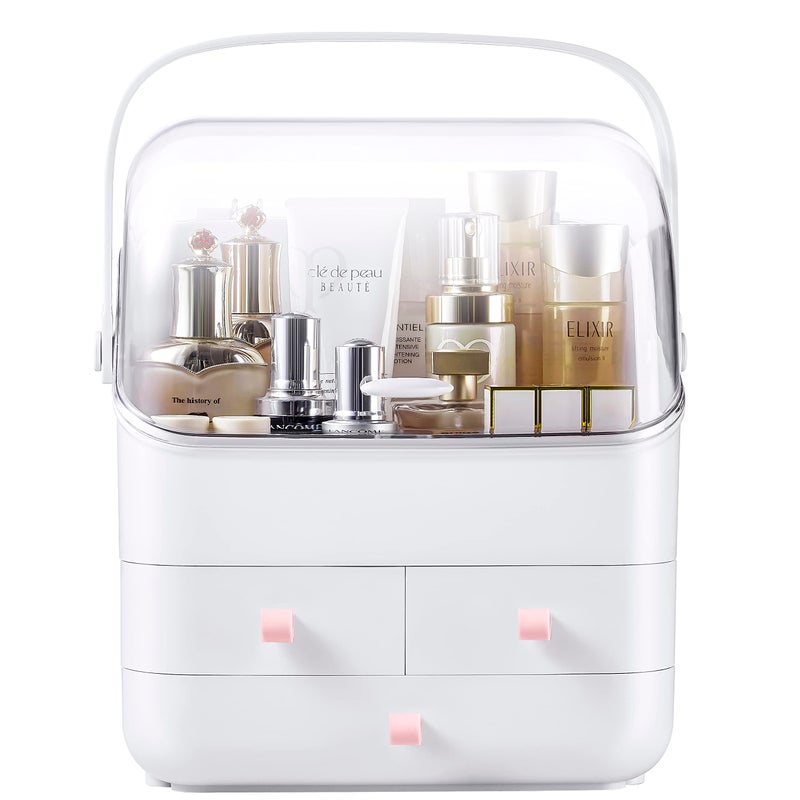 Sunficon Preppy Skincare Organizers Makeup Organizer Holder Beauty Cosmetic Storage Box Large Display Case Dust Free Cover Portable Handle 2 Rroomy Drawers Gift Great For Bathroom Countertop White - Image 2