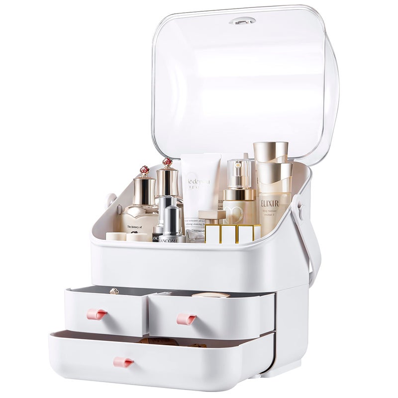 Sunficon Preppy Skincare Organizers Makeup Organizer Holder Beauty Cosmetic Storage Box Large Display Case Dust Free Cover Portable Handle 2 Rroomy Drawers Gift Great For Bathroom Countertop White - Image 3