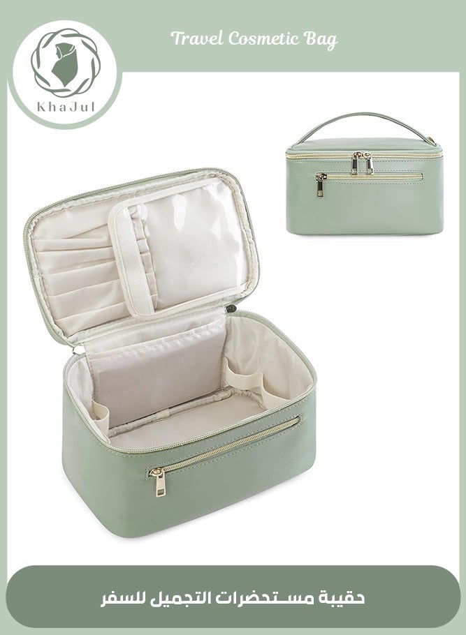 Large Waterproof PU Leather Makeup Bag with Brush Compartment - Green - Image 1