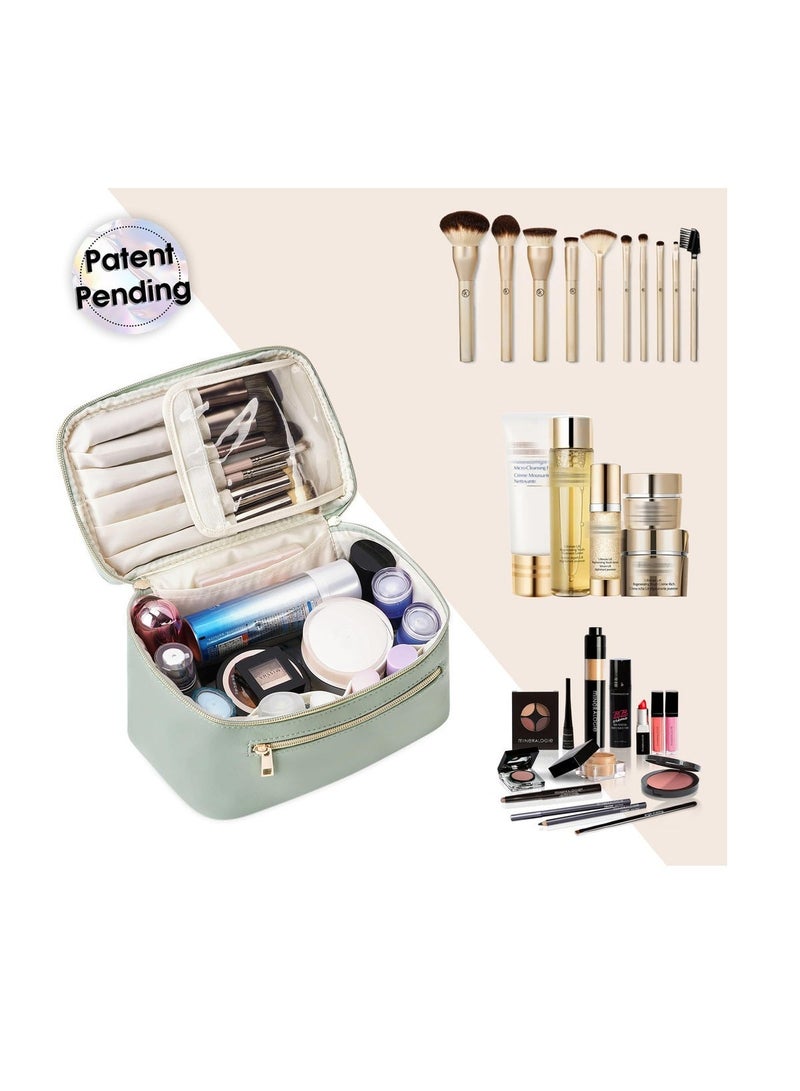 Large Waterproof PU Leather Makeup Bag with Brush Compartment - Green - Image 4