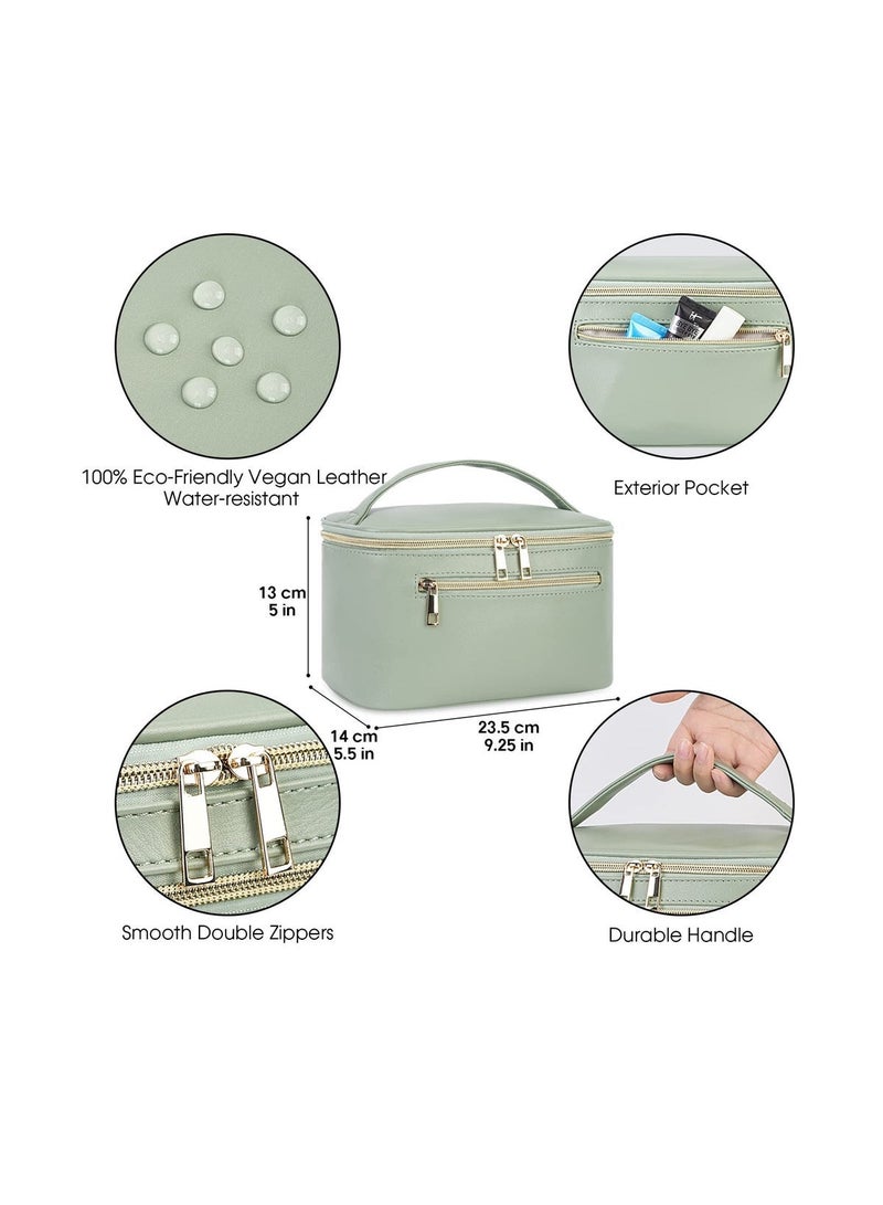 Large Waterproof PU Leather Makeup Bag with Brush Compartment - Green - Image 3