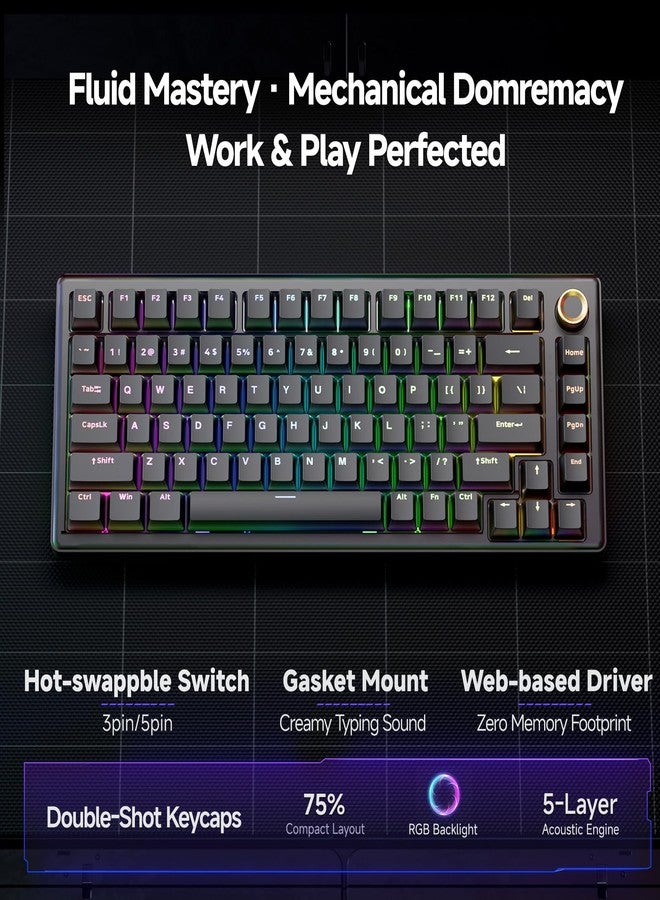 TMKB Technology Mechanical KeyBoard لوحة مفاتيح الألعاب الميكانيكية TMKB T81E، لوحة مفاتيح سلكية بنسبة 75% مع مقبض وعزل صوتي بخمس طبقات، قابلة للتبديل السريع، بإضاءة خلفية RGB، 82 مفتاحًا لأنظمة ويندوز/ماك/لينكس - أسود - Image 2