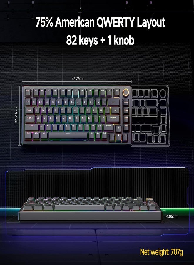 TMKB Technology Mechanical KeyBoard لوحة مفاتيح الألعاب الميكانيكية TMKB T81E، لوحة مفاتيح سلكية بنسبة 75% مع مقبض وعزل صوتي بخمس طبقات، قابلة للتبديل السريع، بإضاءة خلفية RGB، 82 مفتاحًا لأنظمة ويندوز/ماك/لينكس - أسود - Image 4
