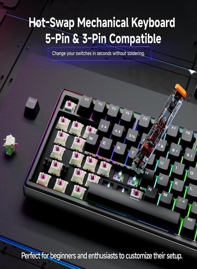 TMKB Technology Mechanical KeyBoard لوحة مفاتيح الألعاب الميكانيكية TMKB T81E، لوحة مفاتيح سلكية بنسبة 75% مع مقبض وعزل صوتي بخمس طبقات، قابلة للتبديل السريع، بإضاءة خلفية RGB، 82 مفتاحًا لأنظمة ويندوز/ماك/لينكس - أسود - Image 3