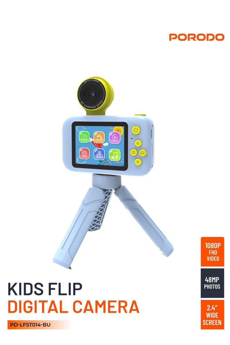 porodo Flip Digital Camera for Kids with Tripod Stand and 2.4" Wide Screen / 4H Battery Life / 48MP Image Resolution / 180° Flip Lens - Blue - Image 1