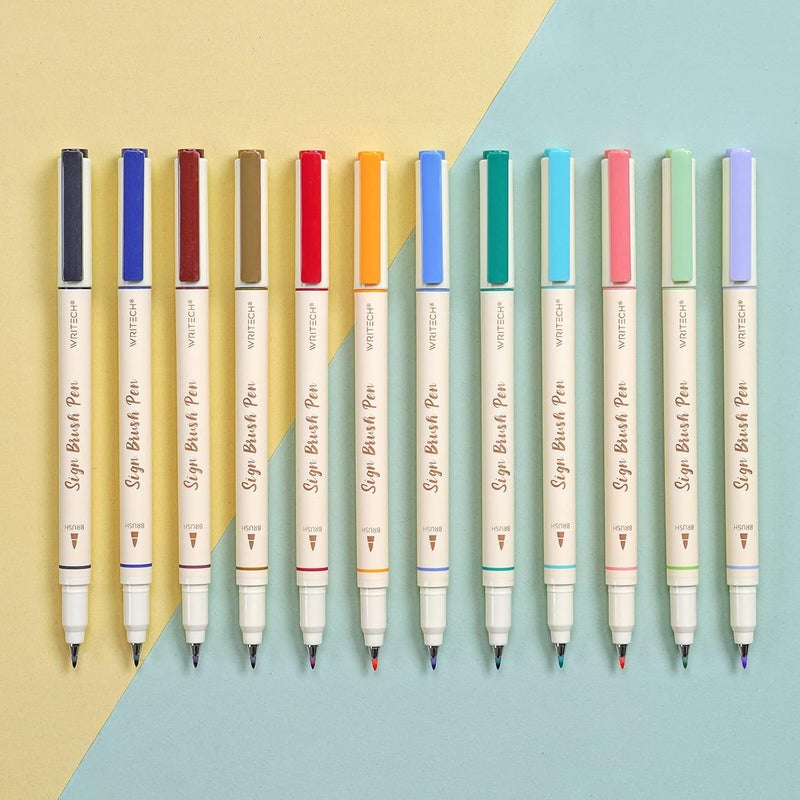 WRITECH Arts Sign Brush Pen Brush Tip Marker Felt Tip Water Based Ink Color Pens 12 Assorted Pastel Colors Great for Lettering, Journaling, Calligraphy (Natural) - Image 1