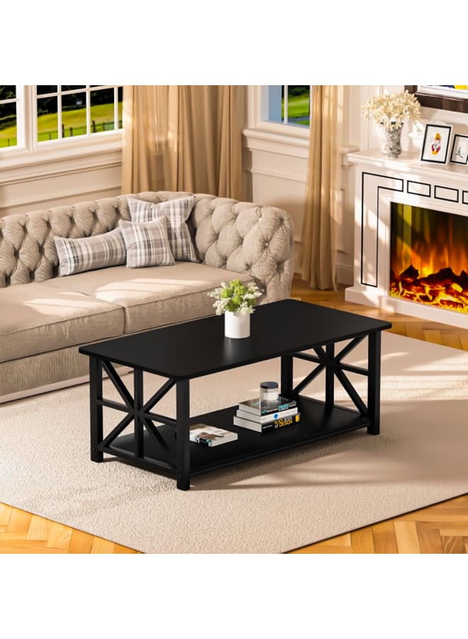 FRIENDS METALLY Living Room Table with 2 Shelves, 100 cm Table with Rounded Corners, Modern Multifunctional Coffee Table, X-Frame Structure - Image 1