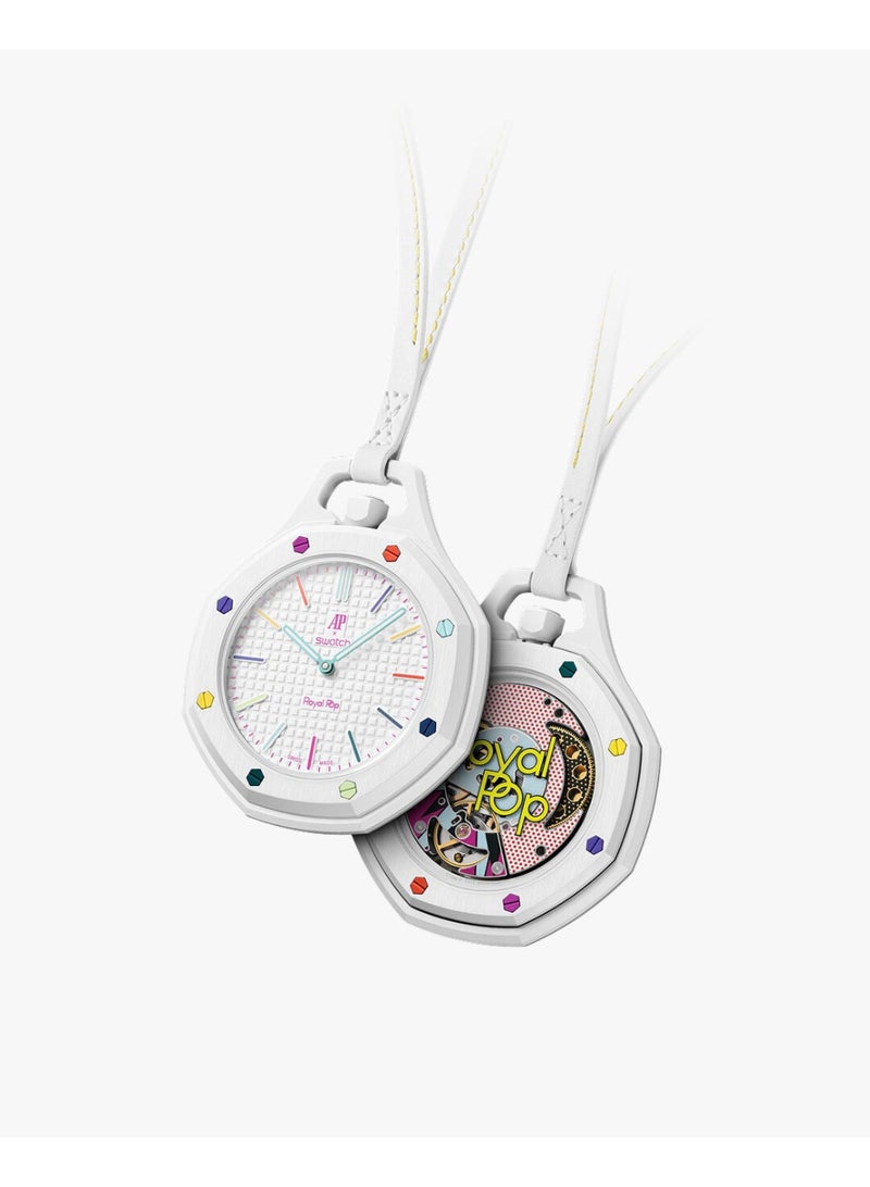 Royal Pop Pocket Watch - Modern Colorful Design - Fashionable Chain Pocket Watch for Men & Women - White