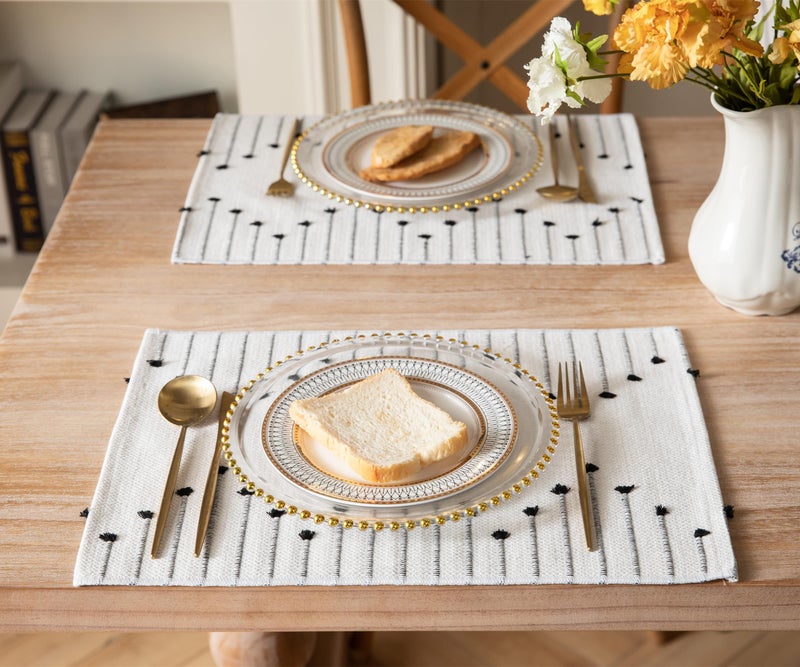 Caflife Placemats Set of 6 for Dining Table DÃ©cor, Woven Cloth Place Mats for Farmhouse Kitchen Tabletop, Handcrafted Machine Washable Cotton Table mats 13 x 19 Inch, Black and Beige - Image 2