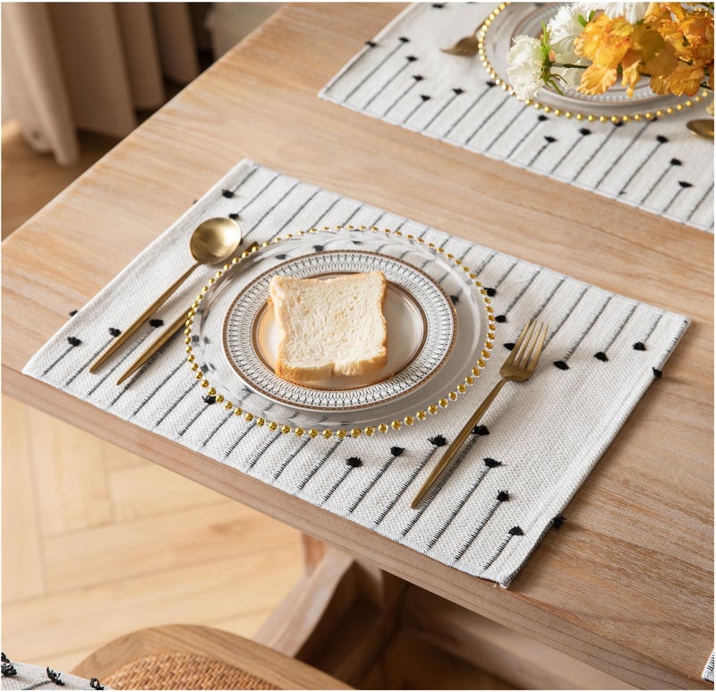 Caflife Placemats Set of 6 for Dining Table DÃ©cor, Woven Cloth Place Mats for Farmhouse Kitchen Tabletop, Handcrafted Machine Washable Cotton Table mats 13 x 19 Inch, Black and Beige - Image 1