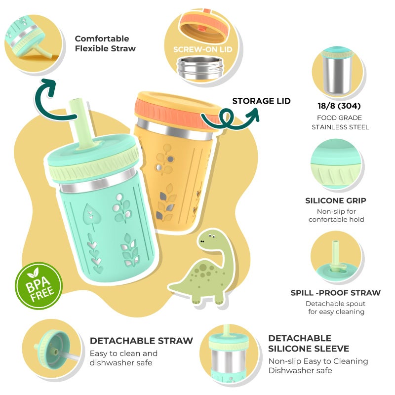 Tronco [4 Pack] 10 oz 2-in-1 Stainless Steel Kids Tumbler Cups with Silicone Sleeves, Spill-Resistant Flexible Straws & Storage Lids, BPA-Free Smoothie and Snack Cups, Dishwasher Safe - Image 2