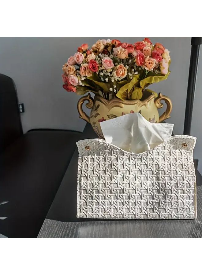 غطاء صندوق المناديل من الخوص الأبيض منظف سطح المكتب متعدد الوظائف بتصميم الماسي مستطيل الشكل - Image 3