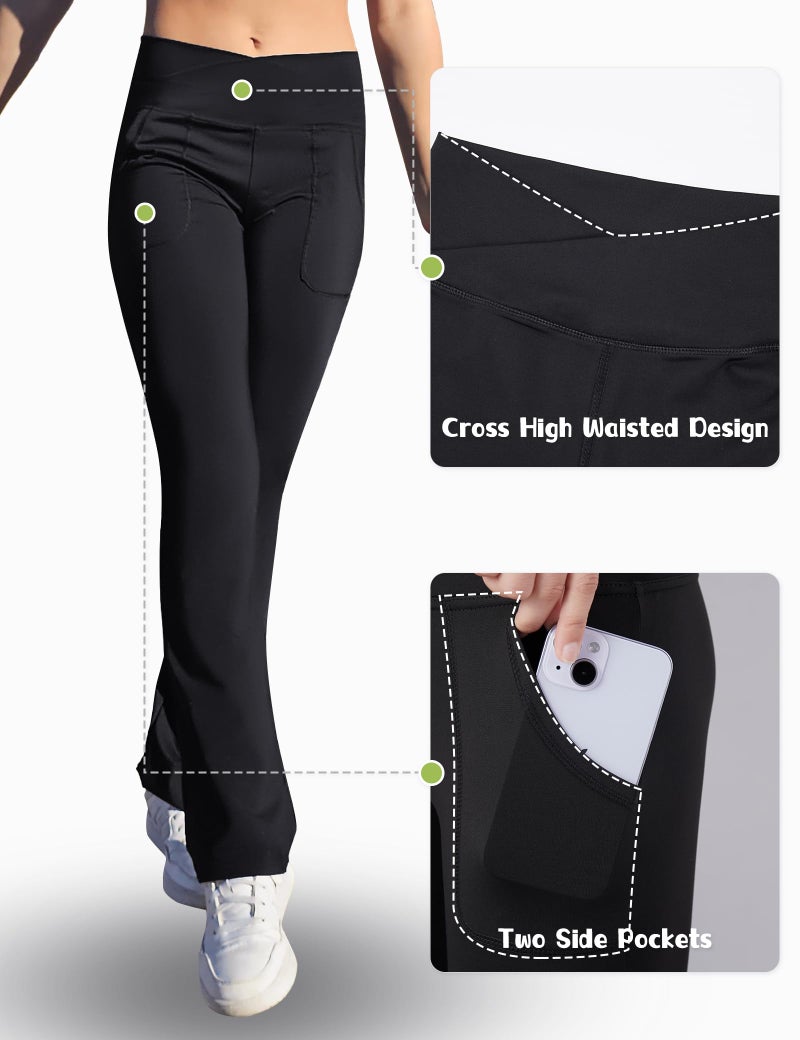 Gnainach Girls Flare Pants Size 13-14 Years Old Black High Waist Crossover Leggings with Pockets Kids Bell Bottoms for Teen Yoga Running - Image 4