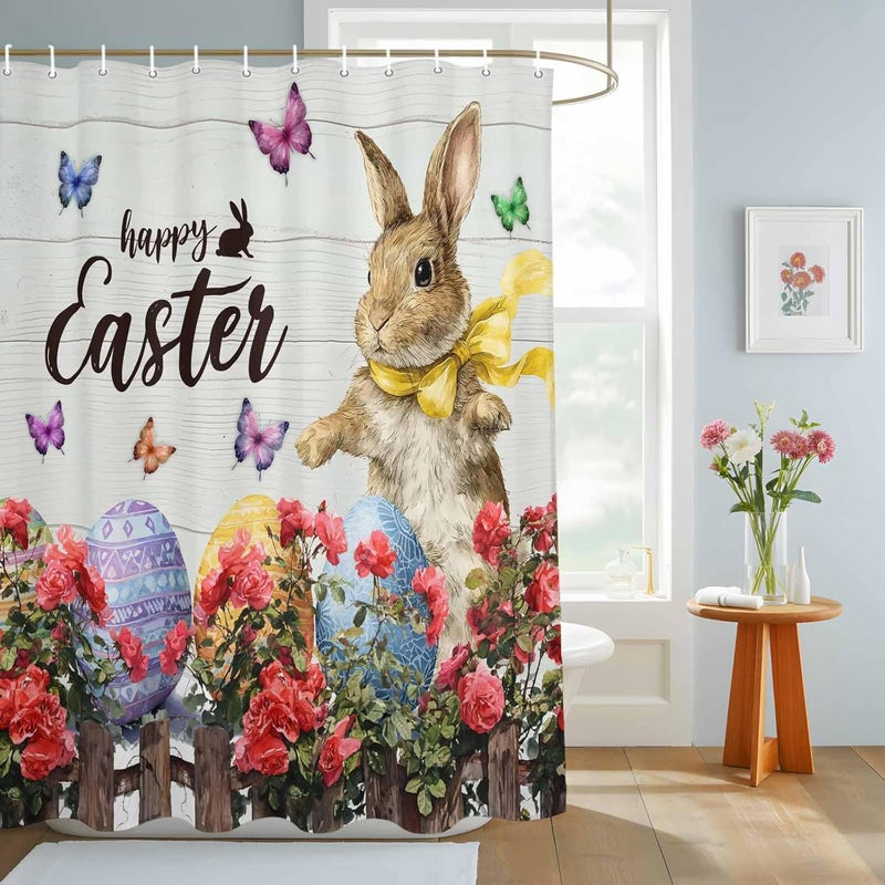 Happy Easter Shower Curtain with 12 Hooks Cartoon Bunny Rabbit Colorful Egg Red Flowers Wood Grain Waterproof Fabric Shower Curtains Sets for Bathroom Bath Decorations, Machine Washable, 72"x84" - Image 3