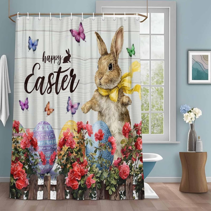 Happy Easter Shower Curtain with 12 Hooks Cartoon Bunny Rabbit Colorful Egg Red Flowers Wood Grain Waterproof Fabric Shower Curtains Sets for Bathroom Bath Decorations, Machine Washable, 72"x84" - Image 1